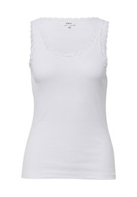 Witte tanktop met gegolfde kantafwerking langs de halslijn en armsgaten, met een gladde geribbelde textuur en een aansluitend ontwerp.