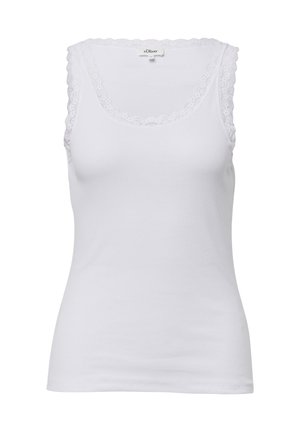 Bela majica na bretele z razkošnim čipkastim robom okoli izreza in armholes, ki ima gladko rebrasto teksturo in telesu prilegajoč dizajn.