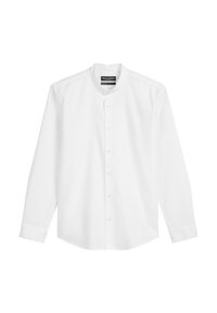 Witte lange mouwen shirt met een bandkraag, voorzien van een knoopsluiting aan de voorkant en een lichte, gladde textuur. Geen patronen of accenten.