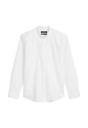 Witte lange mouwen shirt met een bandkraag, voorzien van een knoopsluiting aan de voorkant en een lichte, gladde textuur. Geen patronen of accenten.