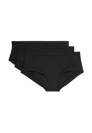 Ensemble de trois culottes hipster en coton noir, présentant une texture lisse, une taille élastique et sans motifs ni décorations visibles.