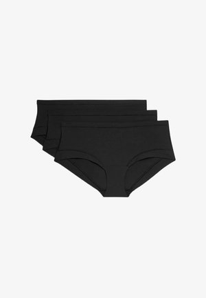Sæt af tre sorte bomulds hipstertrusser, med en glat tekstur, elastisk talje og uden synlige mønstre eller dekorationer.