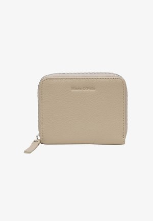 Beige, gestructureerde leren portemonnee met een ritssluiting rondom en een reliëf "Marc O'Polo"-logo op de voorkant.