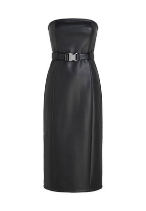 Black strapless dress made of faux leather. Features a fitted design, belted waist with a metallic buckle, and a knee-length hem.