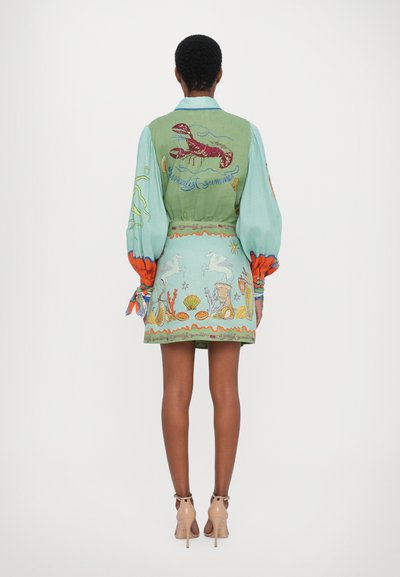 Rochie verde și albastră cu broderie de homar, creaturi marine și scoici. Mâneci lungi, bufante cu accente portocalii. Croială scurtă, ajustată.