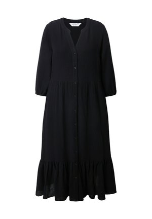 Schwarzes Hemdkleid mit Dreiviertelärmel, strukturiertem Stoff, gestuftem Rock und rundem Ausschnitt.