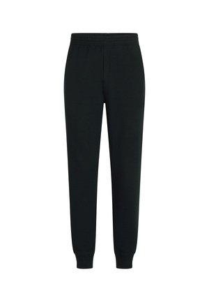 Pantalones jogger ajustados negros con cintura elástica y tobillos acampanados, diseñados para uso casual y atlético.