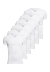 White v-neck t-shirts, five in a row, made from lightweight fabric. Short sleeves and a fitted design with no visible patterns.