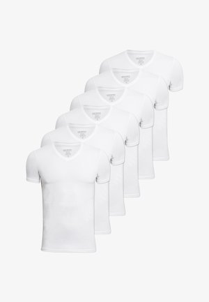 Hvide v-hals t-shirts, fem i række, lavet af letvægtsstof. Korte ærmer og en tætsiddende design uden synlige mønstre.
