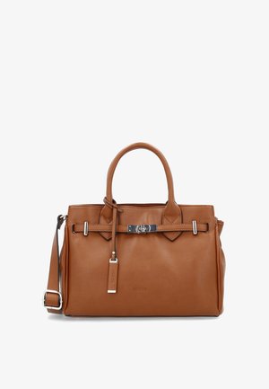 Sac à main en cuir marron avec un design structuré, poignées doubles, bandoulière amovible, quincaillerie argentée et une étiquette de marque.