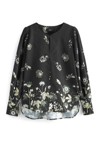 Schwarze Stoffbluse mit floralem Druck in Grün und Weiß, mit rundem Ausschnitt, langen Ärmeln und einem leicht längeren Rückensaum.