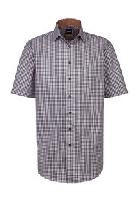 La camicia a maniche corte a scacchi presenta un motivo a rete blu e bianco, un colletto con bottoni e una tasca sul petto. Realizzata in tessuto di cotone.