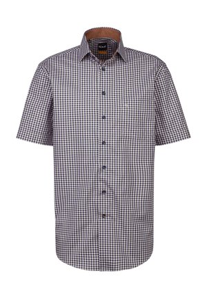 Kurzärmeliges kariertes Hemd mit einem blau-weißem Karomuster, einem Button-Down-Kragen und einer Brusttasche. Hergestellt aus Baumwollstoff.