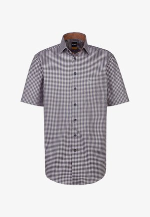 La camicia a maniche corte a scacchi presenta un motivo a rete blu e bianco, un colletto con bottoni e una tasca sul petto. Realizzata in tessuto di cotone.