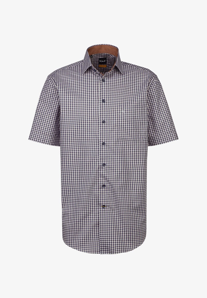 La camicia a maniche corte a scacchi presenta un motivo a rete blu e bianco, un colletto con bottoni e una tasca sul petto. Realizzata in tessuto di cotone.