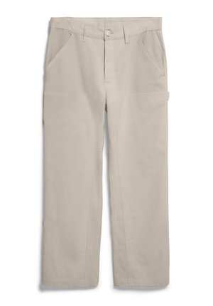 Beige katoenen broek in een gemengde stof met een rechte pijp, voorzien van zijzakken en een knoopsluiting aan de taille. Soepele textuur.
