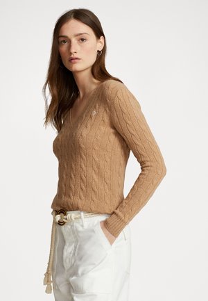 CABLE KNIT WOOL CASHMERE V-NECK SWEATER - Pullover - collection camel melange