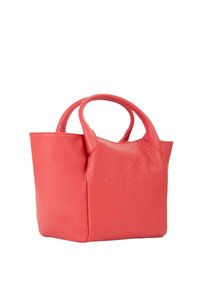 Borsa tote in pelle color corallo con superfici lisce e strutturate, manici corti e design a top aperto. Presenta un motivo in rilievo discreto.