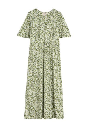 Zielona sukienka w kwiaty wykonana z lekkiego materiału. Posiada krótkie rękawy, okrągły dekolt oraz marszczoną talię. Wzór w kwiaty w białym i ciemnozielonym kolorze.