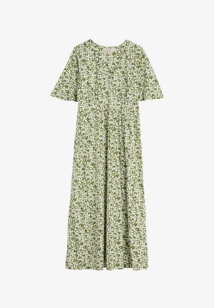 Zielona sukienka w kwiaty wykonana z lekkiego materiału. Posiada krótkie rękawy, okrągły dekolt oraz marszczoną talię. Wzór w kwiaty w białym i ciemnozielonym kolorze.