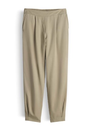 Beige broek met ontspannen pasvorm, elastische tailleband, zijzakken, voorplooien en enkelopeningen, geschikt voor casual of kantoor gebruik.