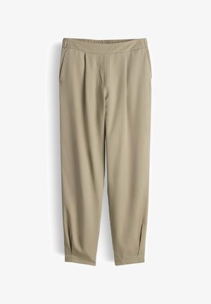 Beige broek met ontspannen pasvorm, elastische tailleband, zijzakken, voorplooien en enkelopeningen, geschikt voor casual of kantoor gebruik.