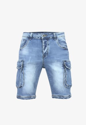 Blauwe denim cargoshorts met knoop aan de voorkant, zijzakken met kleppen en vervaagde wasdetails.