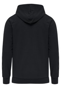 Sweatshirt à capuche noir avec un dos uni, fabriqué en tissu doux, doté de manches longues et de poignets et d'ourlet côtelés.