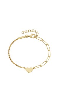 Gold bracelet featuring a heart charm, with a mix of linked chain styles, including a twisted texture and a lobster clasp closure.