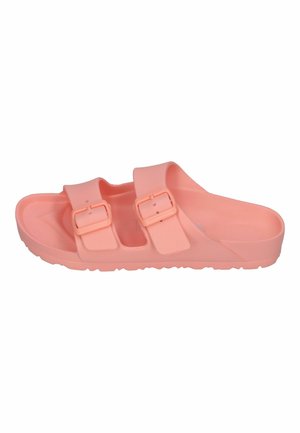 Single pink slide sandal with two adjustable buckle straps and textured sole for grip, shown from the side on a white background.