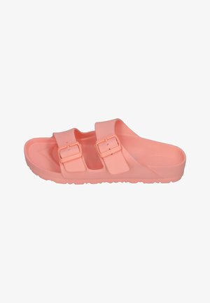 Single pink slide sandal with two adjustable buckle straps and textured sole for grip, shown from the side on a white background.