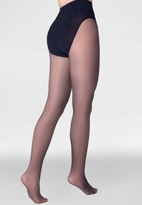Czarne rajstopy z wysokim stanem, z przezroczystymi nogawkami, gładką teksturą i dopasowanym krojem. Pas jest wzmocniony dla dodatkowego wsparcia.