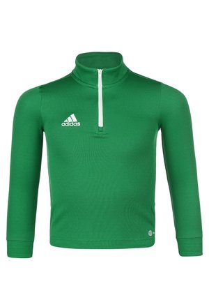 Grüner sportlicher Halbzip-Pullover mit hohem Kragen, langen Ärmeln, aus glattem Stoff. Mit weißem Reißverschluss und Adidas-Logo auf der Brust.