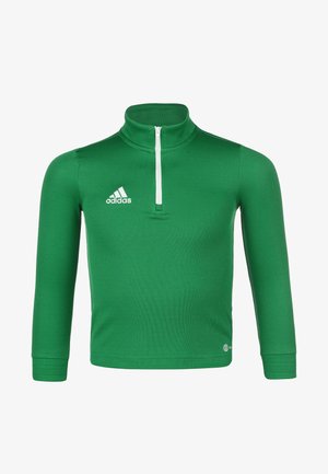 Pullover verde sportivo a mezza zip con colletto alto, maniche lunghe, realizzato in tessuto liscio. Presenta una zip bianca e il logo Adidas sul petto.