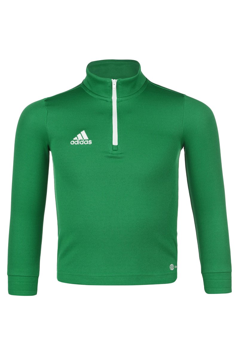 Pullover verde sportivo a mezza zip con colletto alto, maniche lunghe, realizzato in tessuto liscio. Presenta una zip bianca e il logo Adidas sul petto.