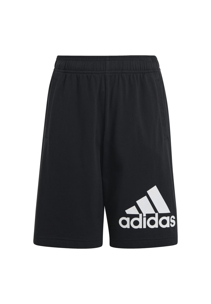 Svarta Adidas-shorts med elastisk midja, sidofickor och stor vit Adidas-logotyp på nedre högra benet.