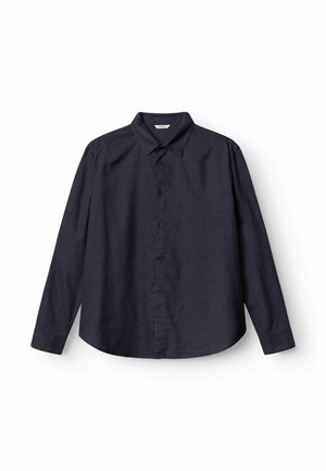 Langærmet mørkeblå knap-op skjorte med krave, lagt fladt på hvid baggrund, vist forfra med knapperne lukket.
