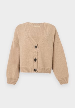 Cárdigan corto beige con escote en V, dos grandes botones oscuros y puños y dobladillo acanalados. Hecho de material de punto texturizado.