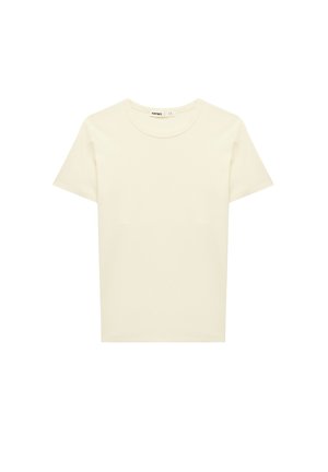 Effen crèmekleurig T-shirt met korte mouwen en ronde hals, plat liggend afgebeeld op een witte achtergrond.