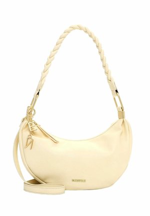 Kremfarvet håndtaske i halvmåneform med flettet håndtag, guldfarvet beslag, lynlåslukning og logoen "EMILY & NOAH" på fronten.