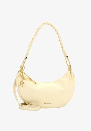 Borsa a mezzaluna color crema con manico intrecciato, ferrature dorate, chiusura con cerniera e logo "EMILY & NOAH" sul davanti.