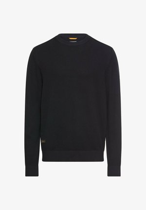 Zwarte gebreide trui met een ronde hals, geribbelde boorden en zoom, voorzien van een gestructureerd patroon en een klein merkembleem op de zoom.