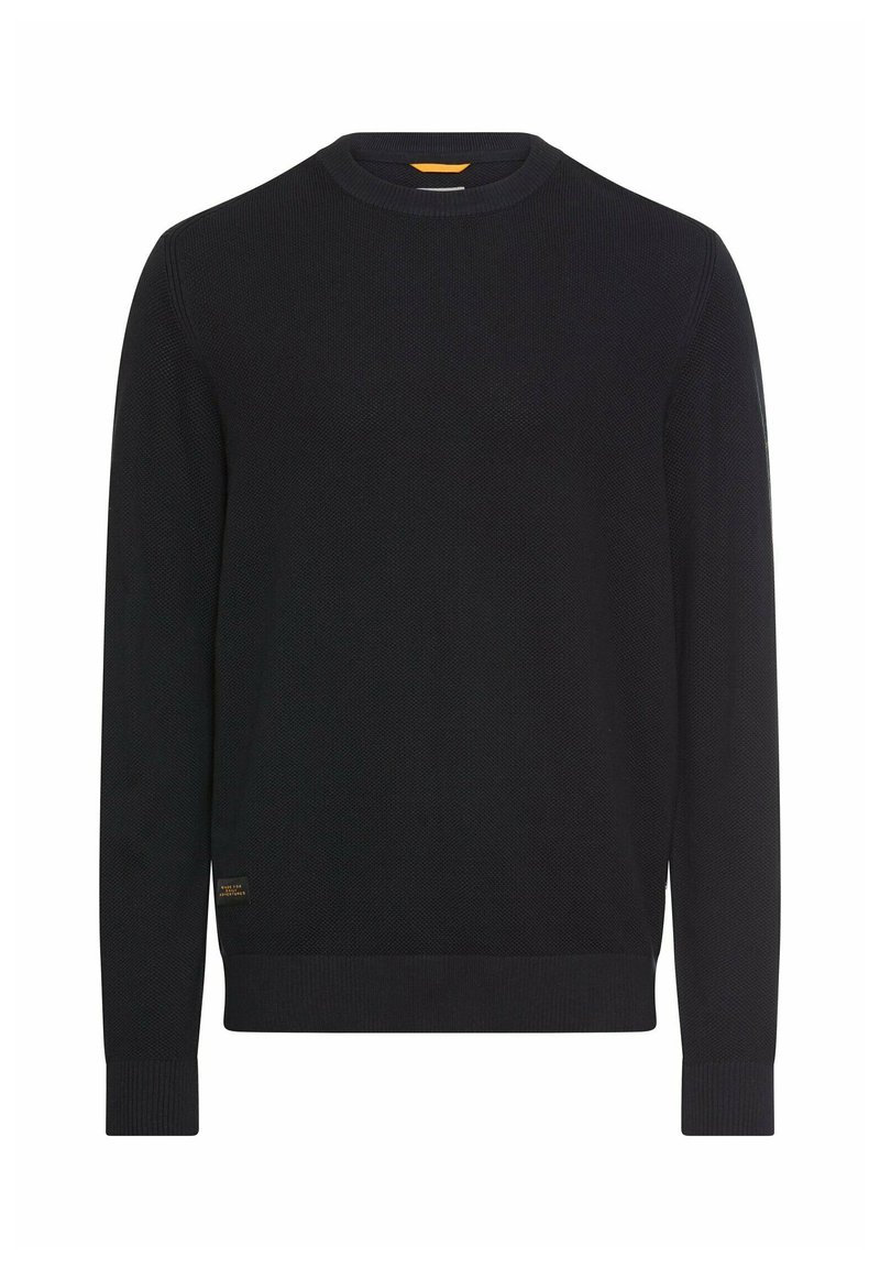 Zwarte gebreide trui met een ronde hals, geribbelde boorden en zoom, voorzien van een gestructureerd patroon en een klein merkembleem op de zoom.