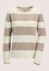 Gestreifter Strickpullover in Creme- und Beige-Tönen mit langen Ärmeln, Rundhalsausschnitt und gerippten Abschlüssen an den Bündchen und dem Saum.