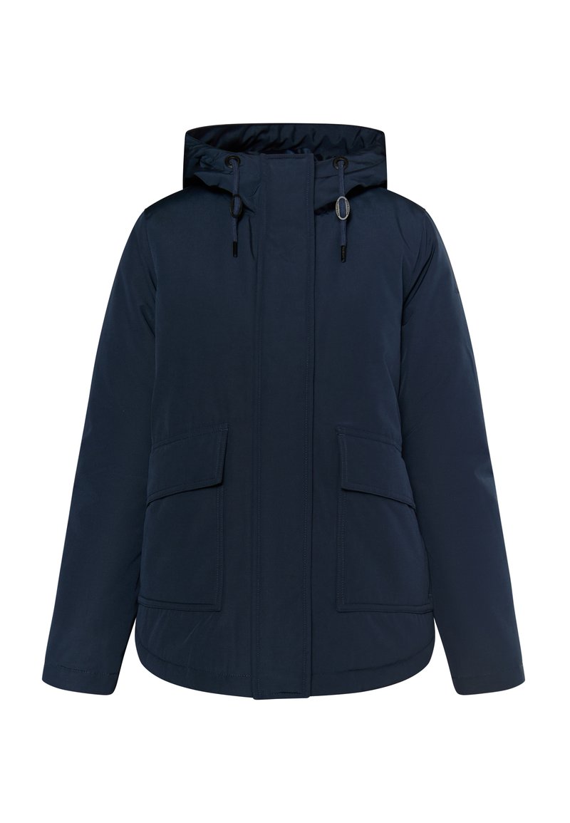 Dunkelblauer Parka mit Kapuze, ausgestattet mit zwei Fronttaschen, verstellbaren Kordeln und einer glatten Textur.