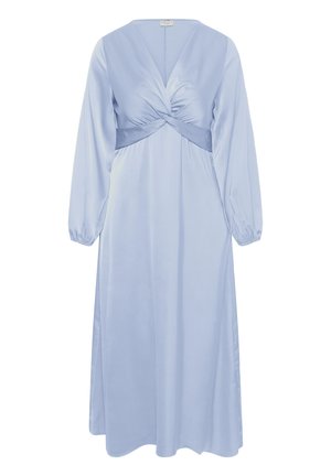 Svetlomodré midi šaty s dlhým rukávom, výstrihom do V, zákrutovým detailom nazbieraným na hrudi, priliehavým pásom a elastickými manžetami na rukávoch.