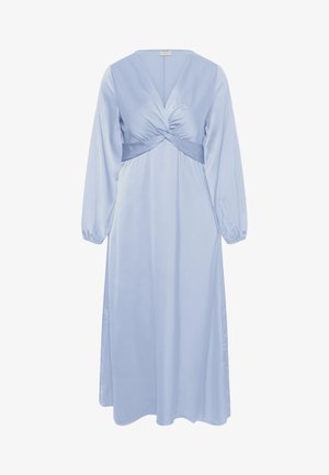 Svetlomodré midi šaty s dlhým rukávom, výstrihom do V, zákrutovým detailom nazbieraným na hrudi, priliehavým pásom a elastickými manžetami na rukávoch.