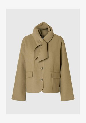 Khaki wełniana kurtka z dodatkiem innych włókien, z detalem wiązania pod szyją, dwoma przednimi kieszeniami, trzema guzikami oraz skróconym, pudełkowym krojem z szerokimi rękawami.