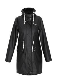 Czarna wodoodporna parka z kapturem, z białymi sznurkami, guzikami na zatrzask i dwiema przednimi kieszeniami. Gładka tekstura i minimalistyczny design.