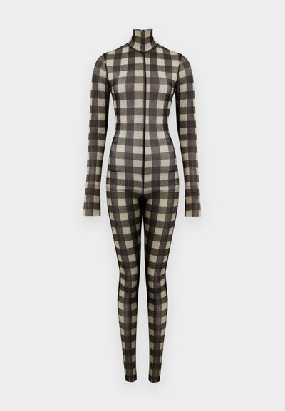 Long-sleeve bodysuit in a plaid pattern, featuring a high neck and fitted silhouette, made from a smooth fabric in neutral tones.